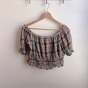 American Eagle Plaid Sz M Crop Top Puffy Sleeves EUC